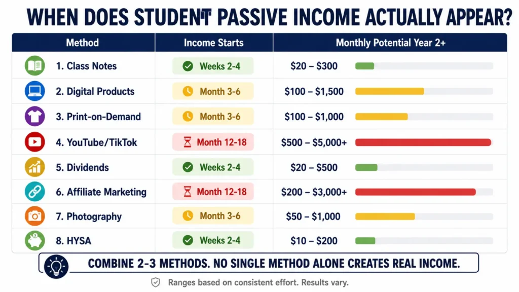 Passive income for students timeline showing when each method starts generating income: class notes weeks 2-4, digital products month 3-6, YouTube month 12-18 with monthly earning potential ranges