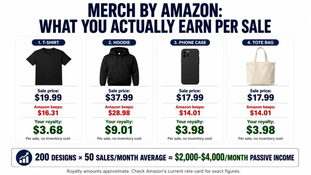 Merch by Amazon royalty breakdown showing t-shirt $3.68, hoodie $9.01, phone case $3.98, tote bag $3.98 earnings per sale for passive income on Amazon without inventory
