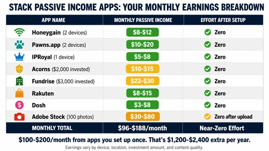 Passive income apps monthly earnings breakdown table showing Honeygain $8-$12, Pawns.app $10-$20, IPRoyal $5-$8, Acorns $10-$15, Fundrise $22-$30, Rakuten $8-$15, Dosh $3-$8, Adobe Stock $30-$80 totaling $96-$188 monthly passive income with zero ongoing effort