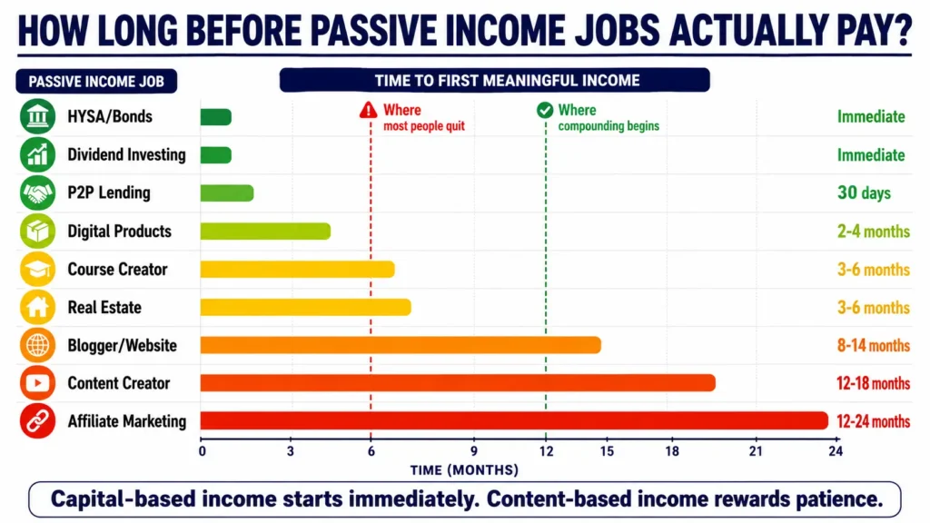 Passive income jobs timeline chart showing time to first income: HYSA and dividends immediate, digital products 2-4 months, courses 3-6 months, blogging 8-14 months, content creation 12-18 months, affiliate marketing 12-24 months with warning that most people quit at month 6