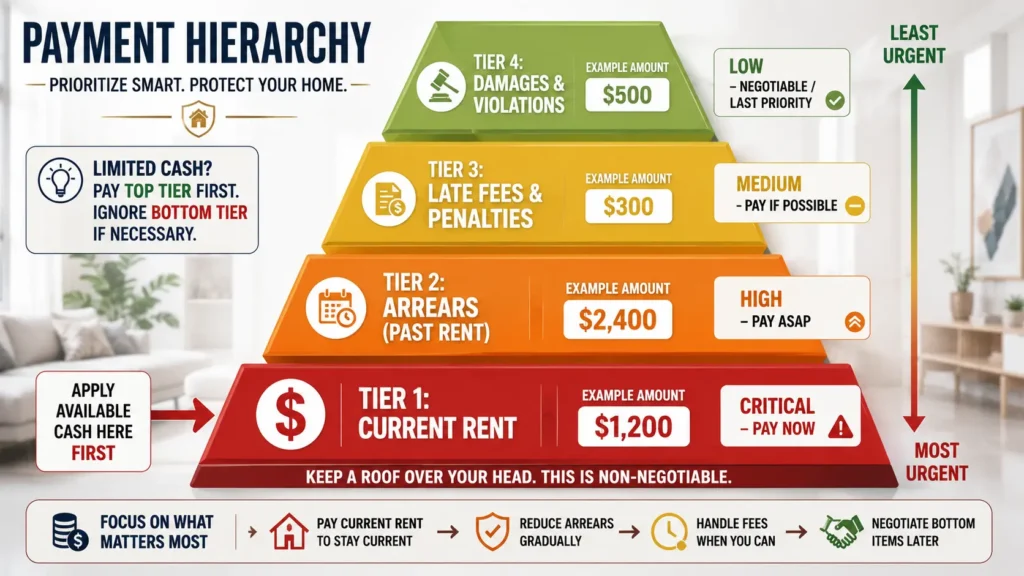 How to pay off apartment debt priority hierarchy: Tier 1 current rent (critical), Tier 2 arrears (high), Tier 3 late fees (medium), Tier 4 damages (low) showing which apartment debt to pay first with limited cash