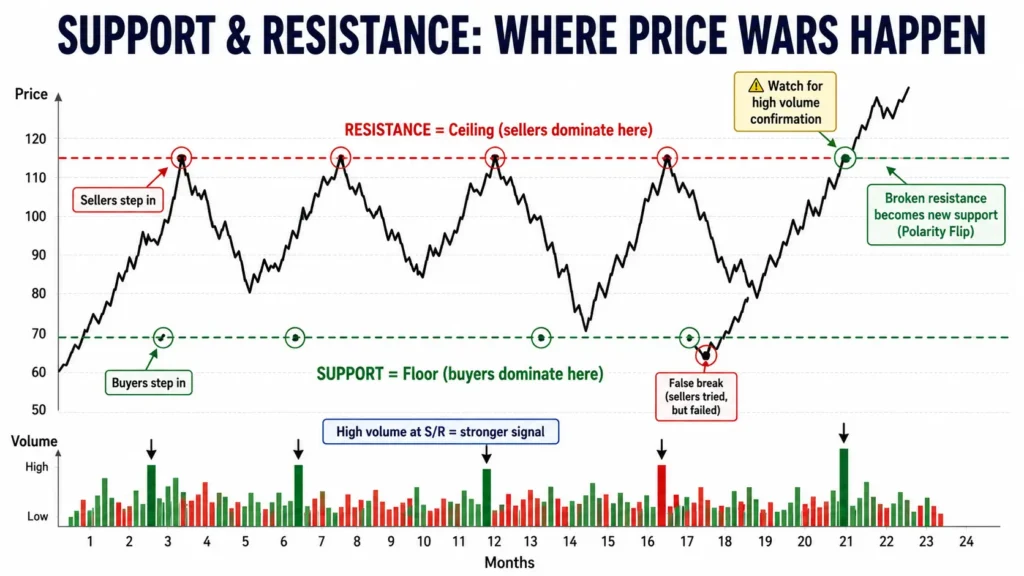 How to read stock market charts support and resistance diagram showing price bouncing off resistance ceiling three times then breaking through with high volume and new support forming at former resistance level with polarity flip explanation