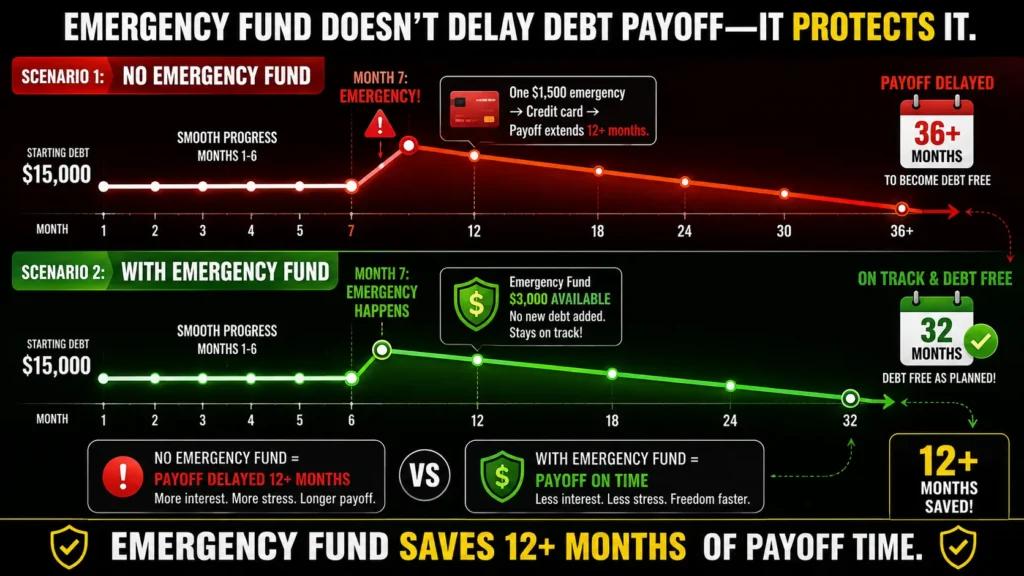 How to pay off debt and save money: comparison showing emergency fund protection effect—scenario without emergency fund shows payoff delayed 12+ months after emergency, scenario with $3,000 fund shows payoff stays on track