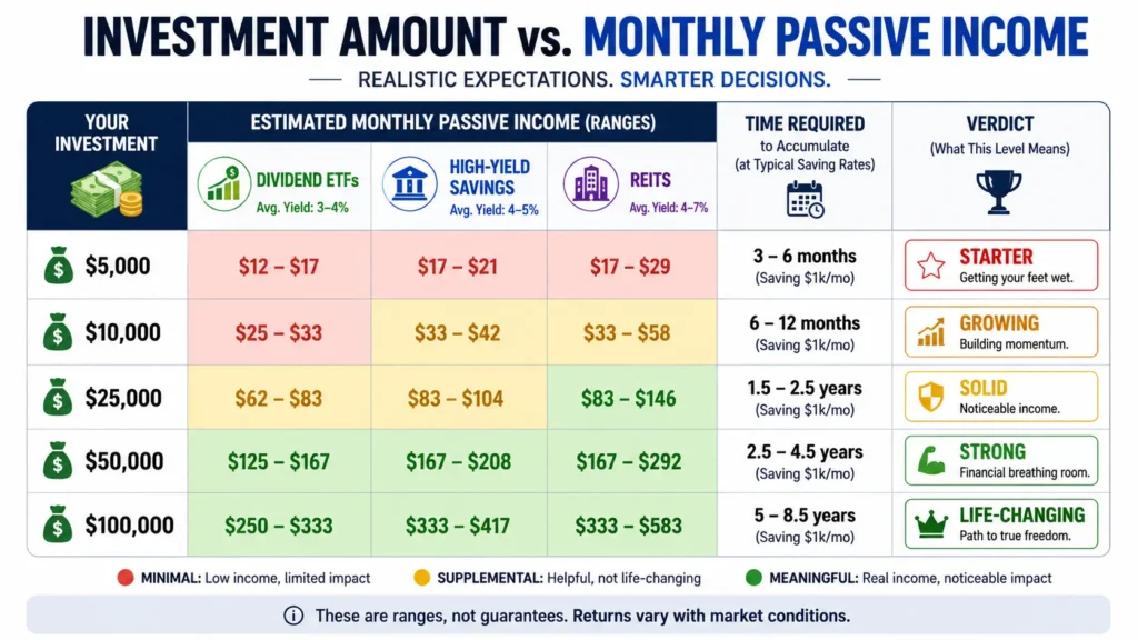 How to build passive income with investments: comparison chart showing monthly income from dividends, high-yield savings, and REITs at $5K, $10K, $25K, $50K, and $100K investment levels