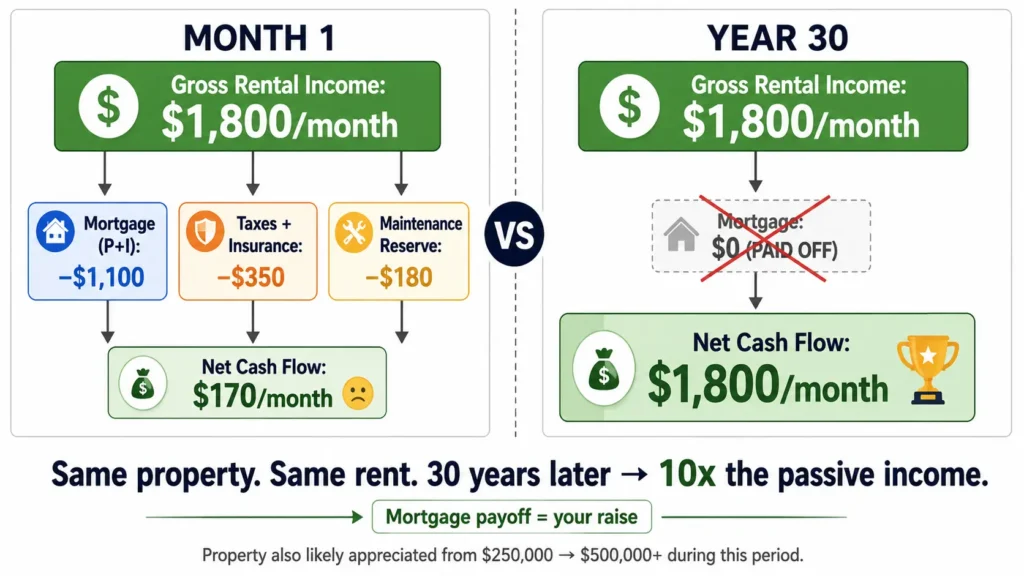 Rental property passive income waterfall showing Month 1 net cash flow of $170 (after $1,100 mortgage, $350 taxes/insurance, $180 maintenance from $1,800 rent) versus Year 30 net cash flow of $1,800 after mortgage payoff demonstrating 30-year wealth building effect"