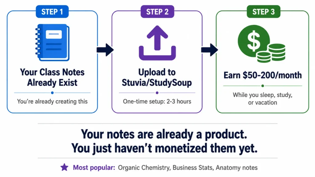 Passive income for college students through class notes: three-step flow showing existing notes to upload to platforms to earning $50-200 monthly with zero additional work