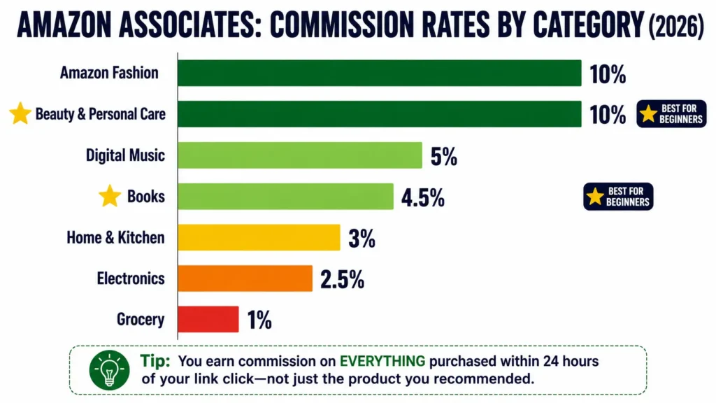 Amazon Associates commission rates by category showing fashion and beauty at 10%, digital music 5%, books 4.5%, electronics 2.5%, grocery 1% for passive income on Amazon affiliate marketing