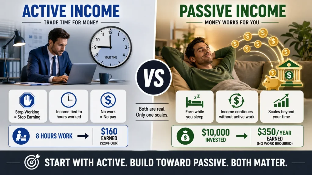 image 3 Active vs passive income comparison showing active income requires trading time for money (stop working = stop earning) while passive income generates returns without active work (earn while you sleep) — illustrating how to build passive income beyond active hourly earnings