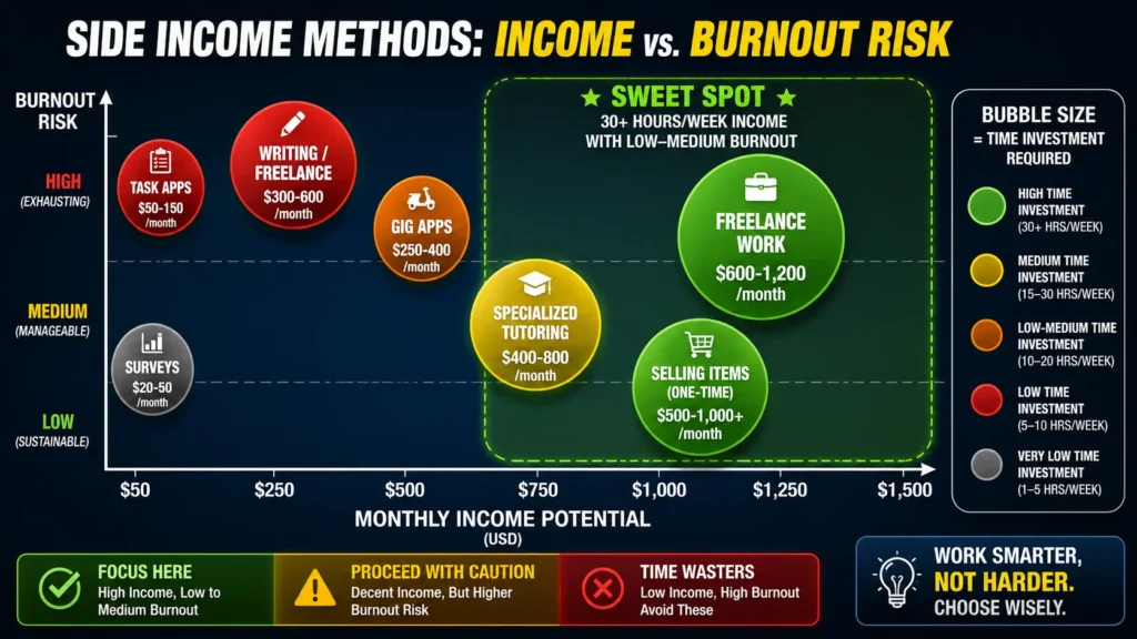 Income method scatter plot showing how to make extra money to pay off debt comparing monthly income potential versus burnout risk for freelance, gigs, tutoring, and task-based work"