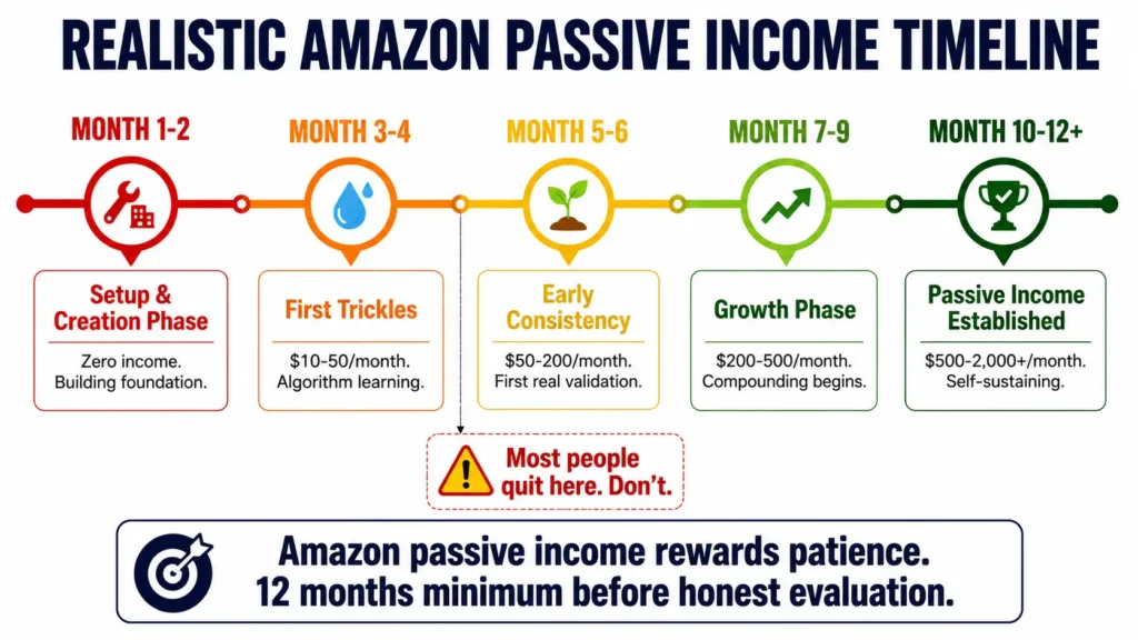 How to make passive income on Amazon realistic timeline showing zero income months 1-2, first income months 3-4, growth months 5-9, and established passive income months 10-12 with warning not to quit at month 6