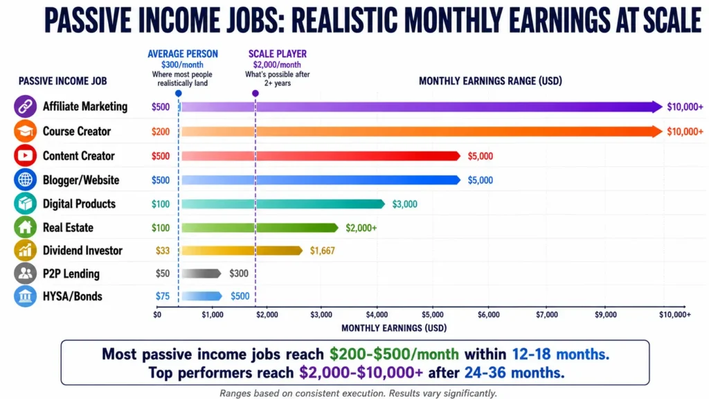 Passive income jobs monthly earnings comparison bar chart showing nine income streams from affiliate marketing and course creation (highest ceiling $10,000+) to HYSA bonds and P2P lending (conservative $75-500) with average person $300/month and scale player $2,000/month markers