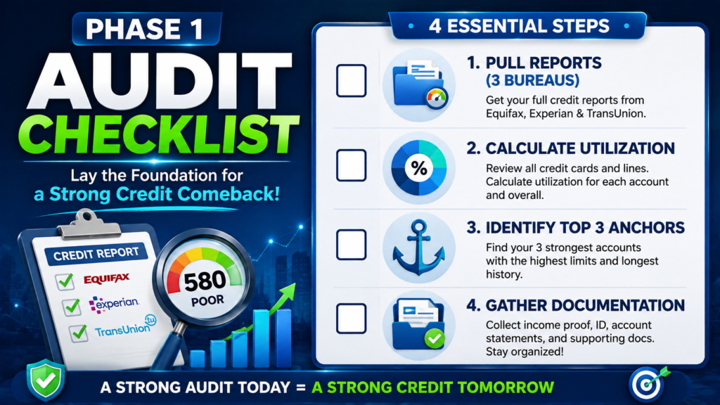 Phase 1 credit audit checklist infographic showing four action items to complete in the first month. Credit score by 200 prompts