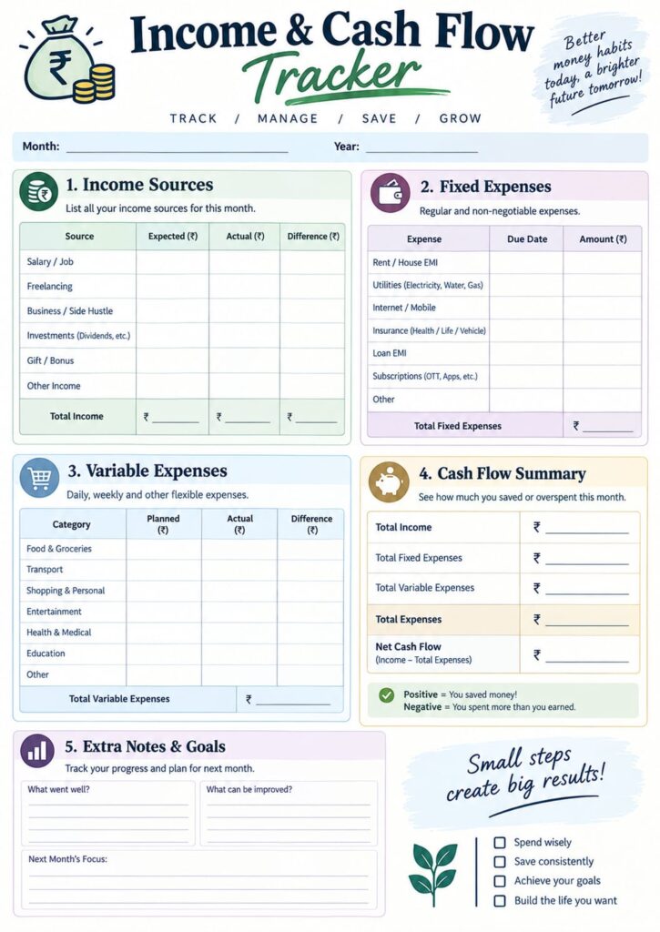 Income and Cash Flow Tracker worksheet with sections for income sources, fixed expenses, variable expenses, monthly cash flow, and financial notes and goals. Tables include expected and actual amounts in Indian rupees. money management worksheets