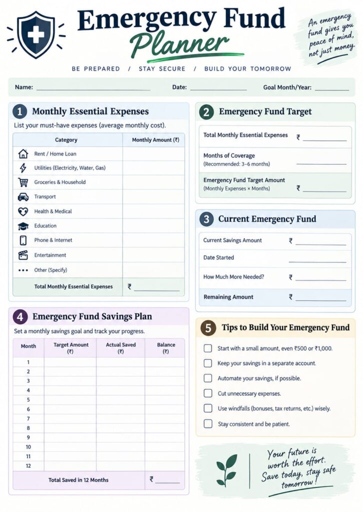 Emergency Fund Planner worksheet with sections for monthly essential expenses, emergency fund target, current savings, a 12-month savings plan, and tips for building an emergency fund.