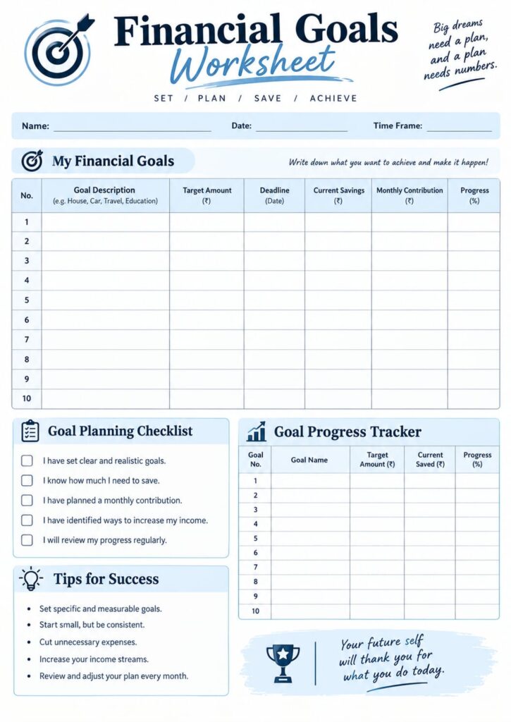 Financial Goals Worksheet with a table for financial goals, target amounts, deadlines, current savings, monthly contributions, and progress. It also includes a goal-planning checklist, progress tracker, and tips for achieving financial goals