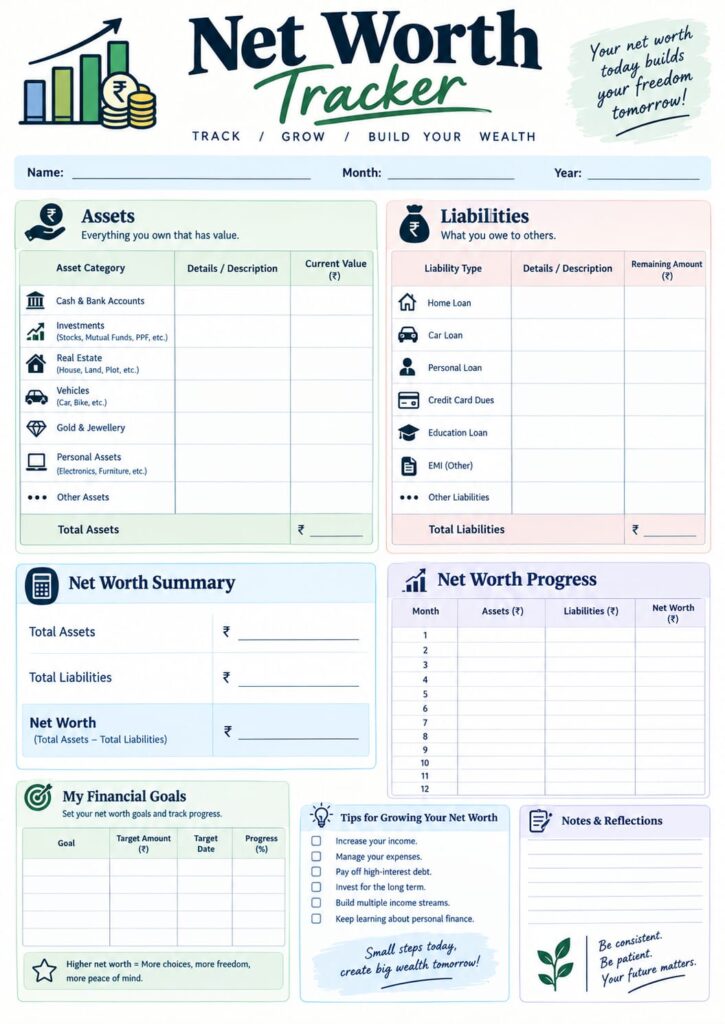 Net Worth Tracker worksheet with tables for assets and liabilities, a net worth summary, monthly net worth progress, financial goals, wealth-building tips, and space for notes and reflections.