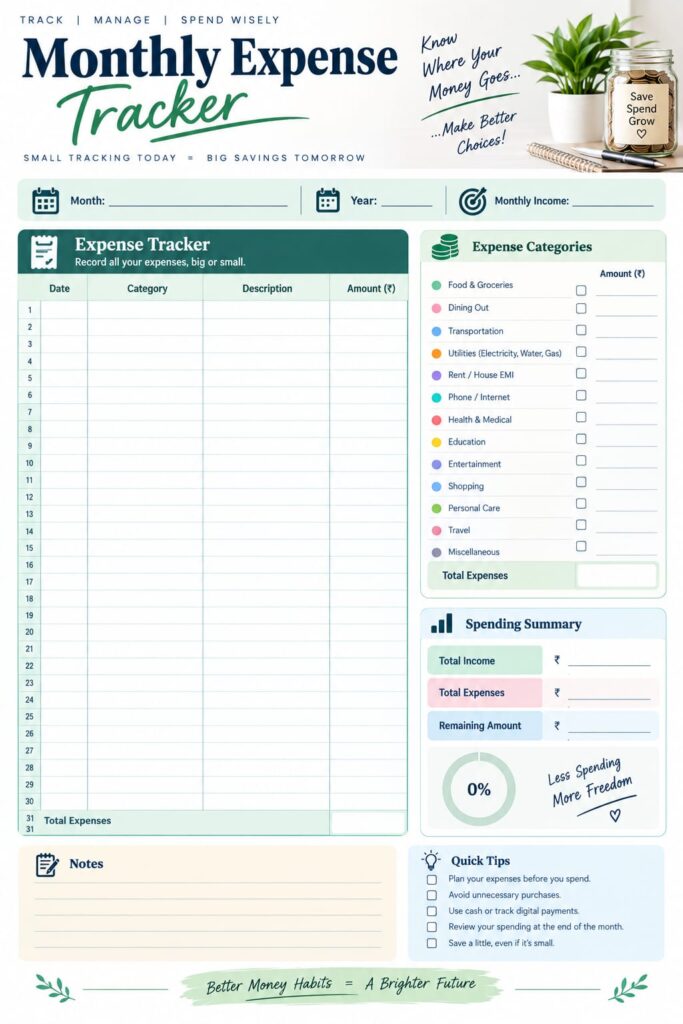 Monthly Expense Tracker worksheet with a 31-day expense log, expense categories, spending summary, total income, total expenses, remaining balance, notes, and quick money-saving tips.”