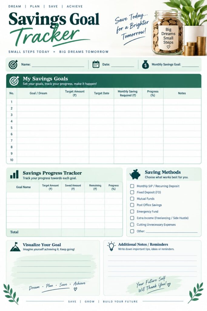 Savings Goal Tracker worksheet with a table for savings goals, target amounts, target dates, monthly savings requirements, progress percentages, and notes. Additional sections track savings progress, saving methods, and reminders.