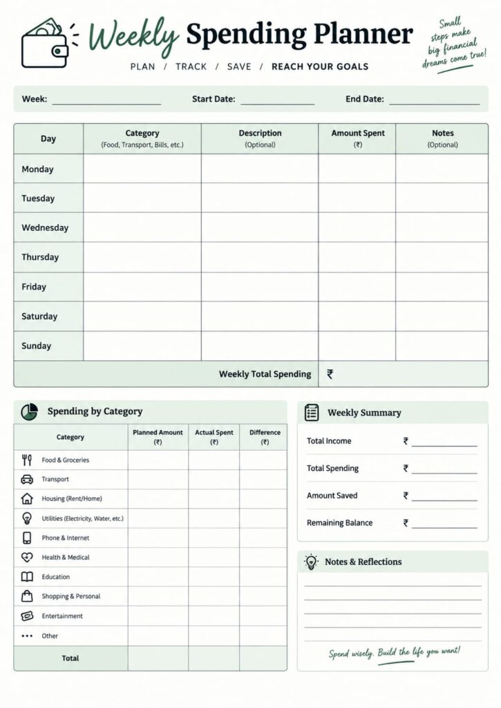 Weekly Spending Planner with a seven-day spending table for Monday through Sunday, spending categories, descriptions, amounts, weekly totals, spending by category, a weekly summary, and space for notes and reflections.