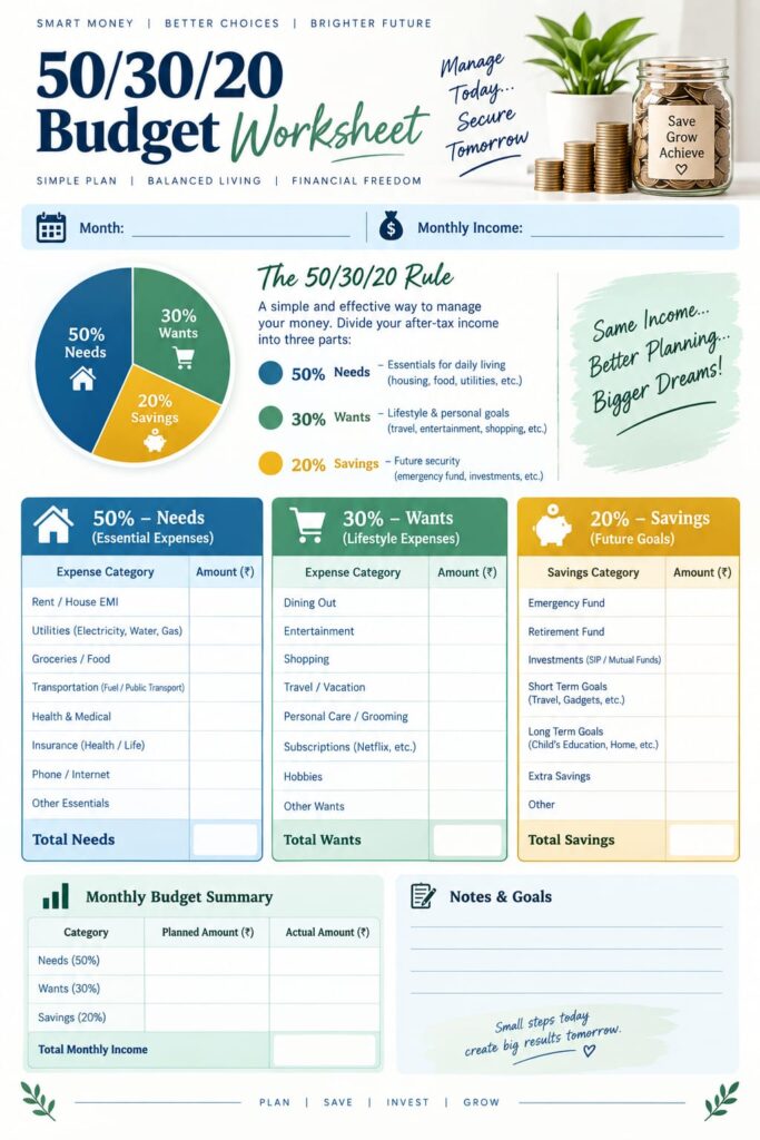 The money management worksheets includes a 50/30/20 pie chart, expense categories, a monthly budget summary, and space for notes and financial goals.