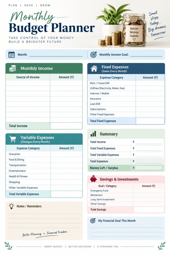 Monthly Budget Planner with sections for monthly income, fixed expenses, variable expenses, savings and investments, a monthly financial summary, notes, and a financial goal for the month.”