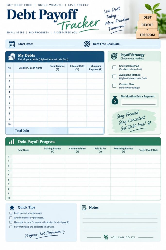 “Debt Payoff Tracker worksheet with sections for listing debts, balances, interest rates, minimum payments, payoff strategies, extra monthly payments, debt payoff progress, and debt-free goals.”