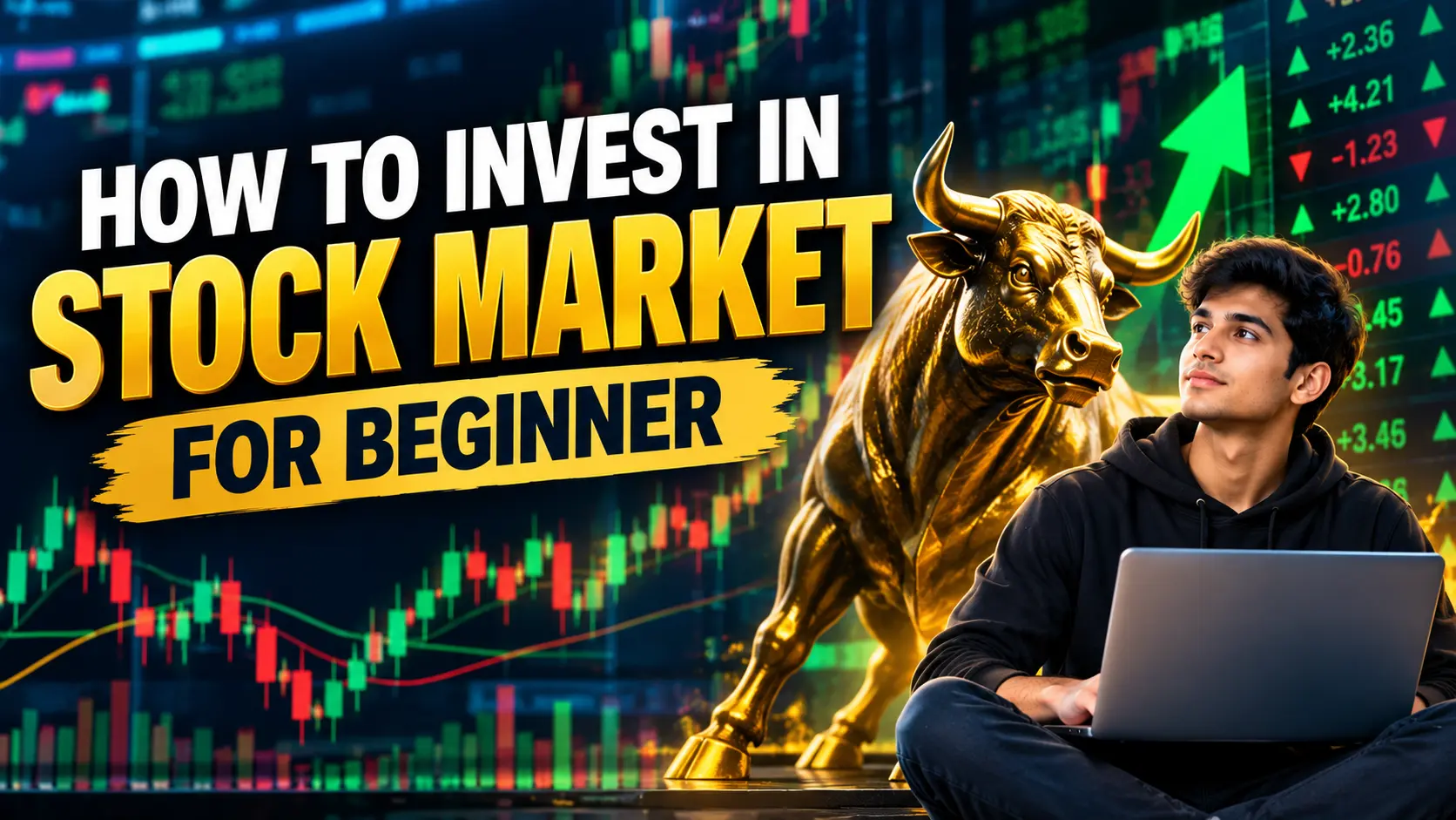 A YouTube-style financial thumbnail showing a young man using a laptop beside a large golden bull statue, with a stock market chart and green upward arrows in the background. Large text reads, “HOW TO INVEST IN STOCK MARKET FOR BEGINNER.