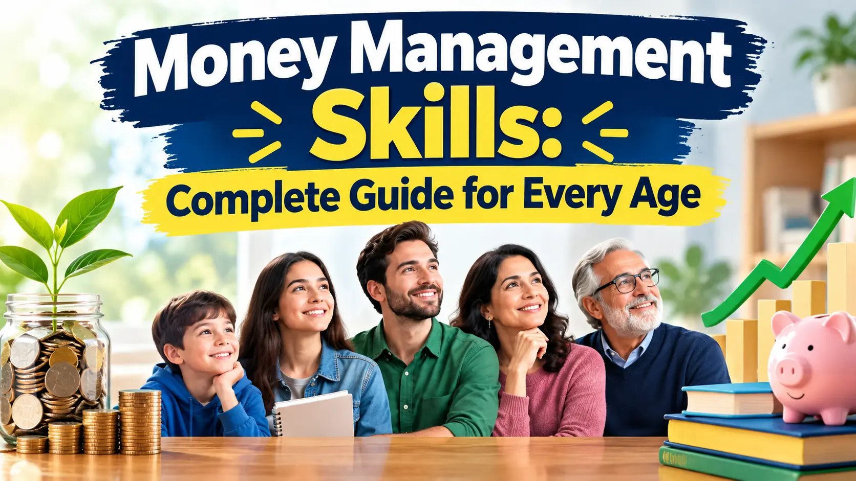 Professional financial YouTube thumbnail featuring a diverse family representing different age groups, with the headline “Money Management Skills: Complete Guide for Every Age” in bold white, navy, and yellow text. The scene includes stacked coins and a growing plant on the left, a piggy bank and books on the right, and a green upward arrow symbolizing financial growth. Bright, clean, and engaging composition designed for a personal finance audience.