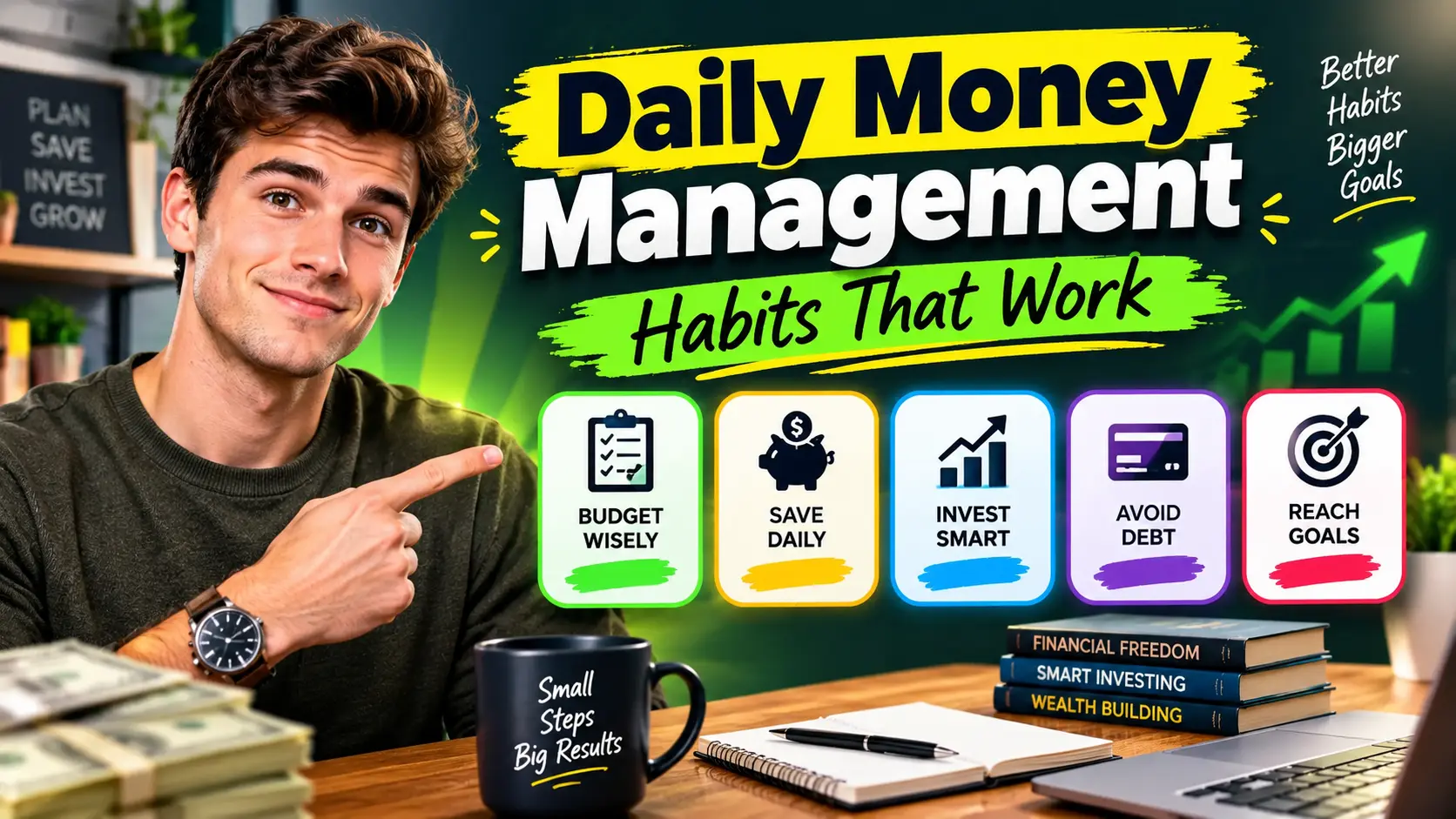 Professional financial YouTube thumbnail featuring a young man pointing toward five colorful money-management habit cards labeled Budget Wisely, Save Daily, Invest Smart, Avoid Debt, and Reach Goals, with bold text reading ‘Daily Money Management — Habits That Work’ and a modern finance-themed background.