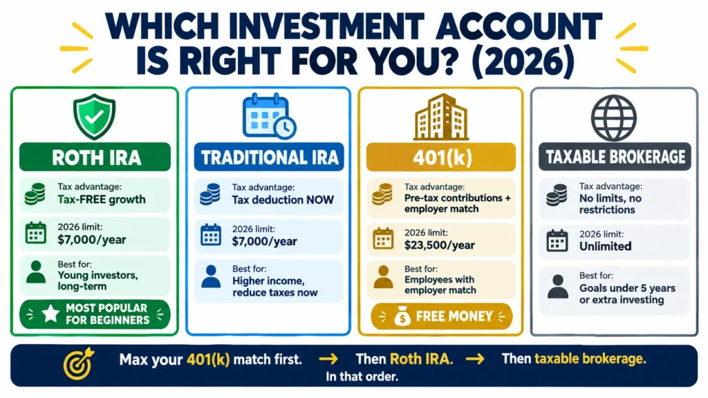 How to invest in stock market for beginners account type comparison showing Roth IRA $7,000 limit tax-free growth, Traditional IRA $7,000 limit tax deduction, 401k $23,500 limit employer match, and taxable brokerage unlimited for 2026 investment decisions"
