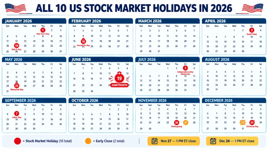 2026 US stock market holiday calendar showing all 10 NYSE Nasdaq closures including Juneteenth June 19 highlighted as stock market closed day with full annual schedule for investors planning trades"