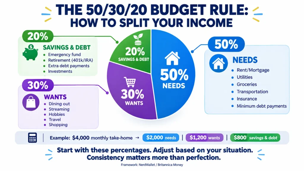 50/30/20 budget rule pie chart showing money management skills for beginners allocating 50% income to needs rent groceries utilities, 30% to wants dining entertainment hobbies, 20% to savings debt repayment emergency fund and investments"