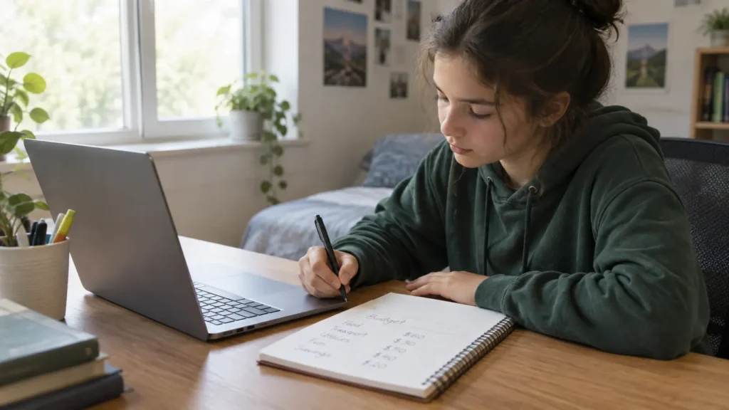 Teen practicing money management for teens with a budget notebook and laptop.
