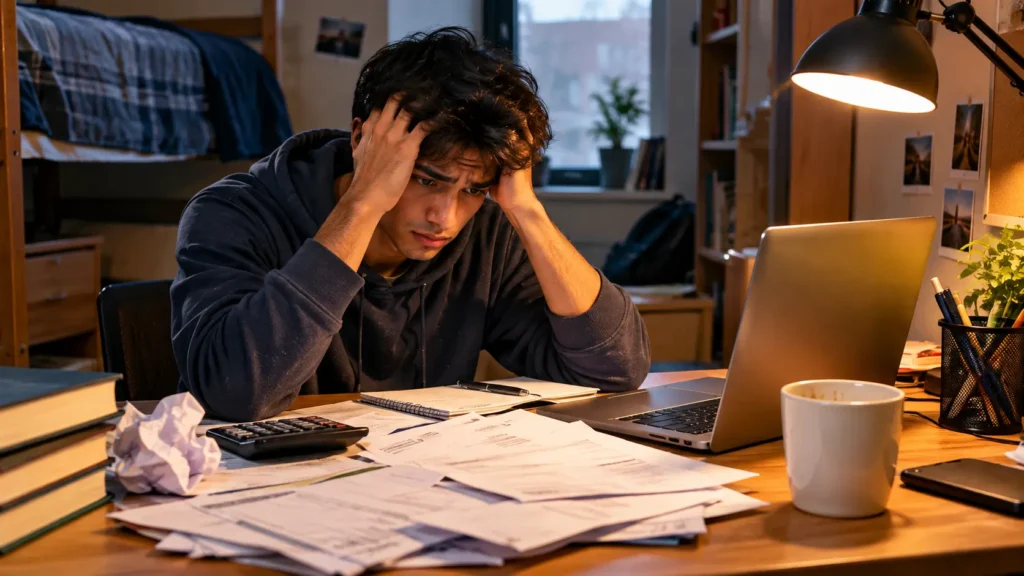 College student overwhelmed by expenses before following a student money management guide.