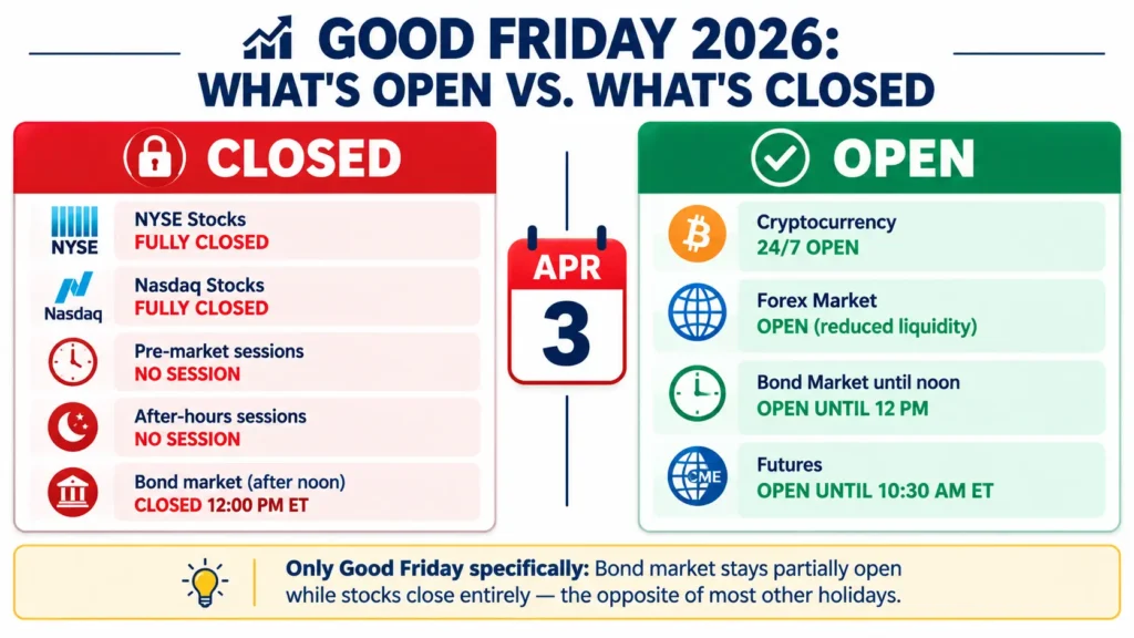 Good friday stock market 2026 open vs closed comparison showing NYSE Nasdaq pre-market after-hours fully closed versus cryptocurrency forex and bond market until noon remaining open on April 3 2026