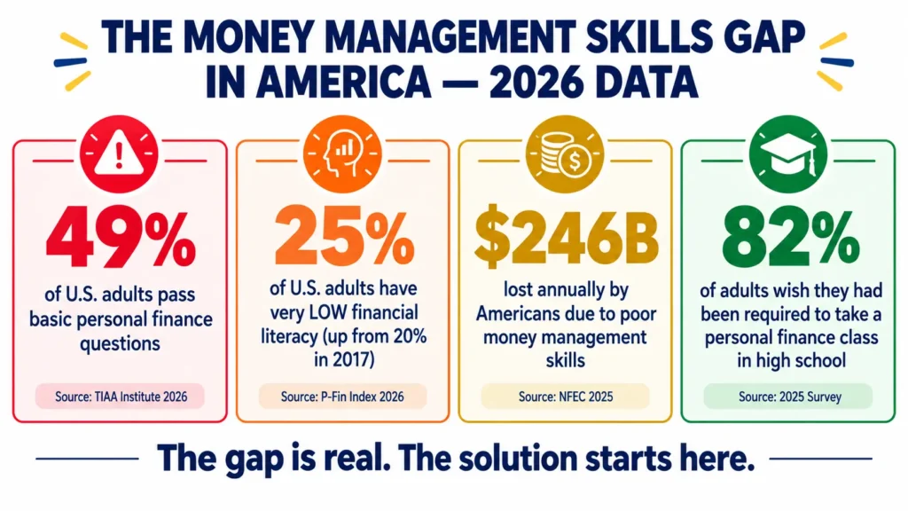 Money management skills gap statistics 2026 showing 49% of US adults pass personal finance test, 25% have very low financial literacy up from 20% in 2017, $246 billion lost annually, and 82% wish they had required high school personal finance class"