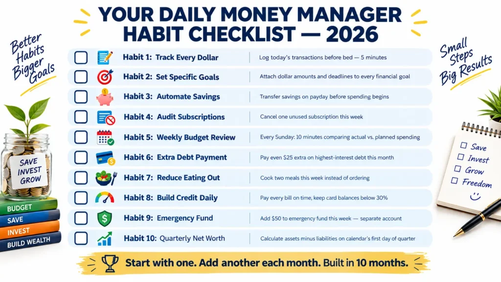 Daily money manager habit checklist 2026 showing 10 financial habits: track spending, set specific goals, automate savings, audit subscriptions, weekly budget review, extra debt payment, reduce dining out, credit building, emergency fund, and quarterly net worth review