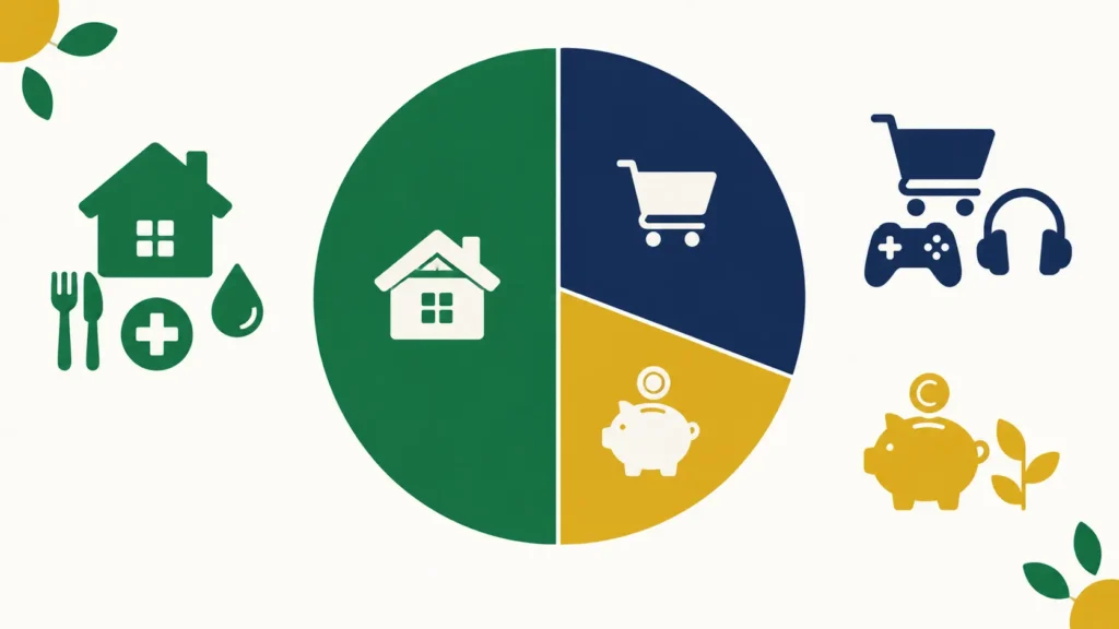 50/30/20 budget rule illustration from a student money management guide.
