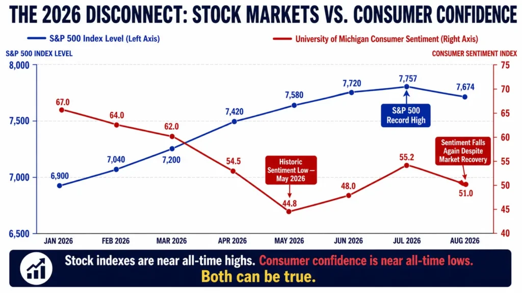 Current stock market trends versus consumer sentiment 2026 dual line chart showing S&P 500 rising to record 7,757 while University of Michigan Consumer Sentiment fell to historic low 44.8 in May and only partial recovery to 51.0 in August illustrating the disconnect between market performance and consumer confidence