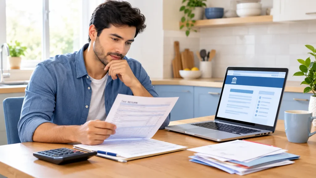 Taxpayer reviewing IRS $3000 tax refund amount eligibility on laptop with tax documents.
