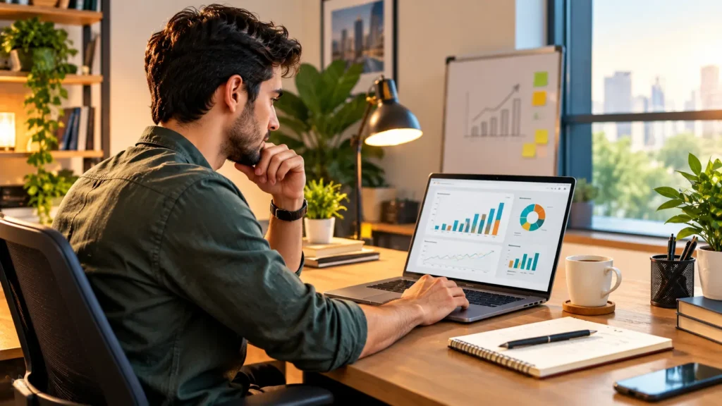 Small business owner applying business money management basics with a laptop and financial charts.
