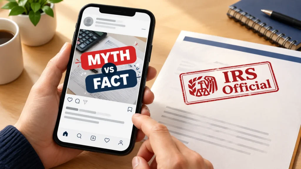 Myth vs fact illustration about the IRS to distribute $3000 tax refunds in June 2026 claim.