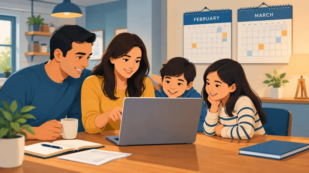 Family checking $3000 IRS tax refund schedule 2026 EITC deposit date on a laptop.