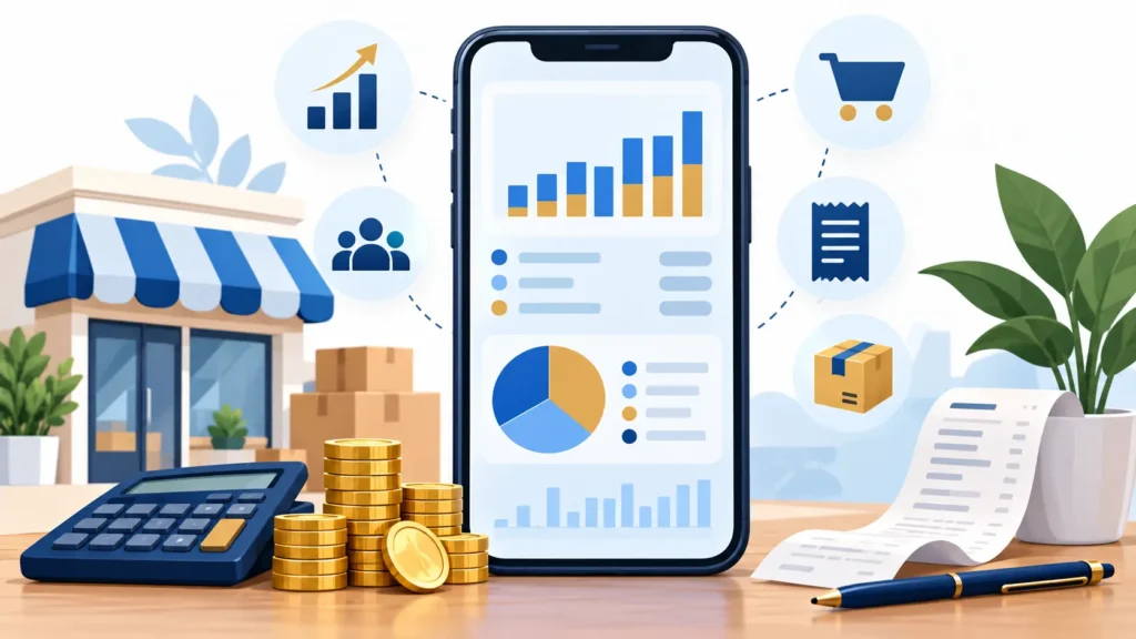 Small business money management app illustration showing financial dashboard on mobile.